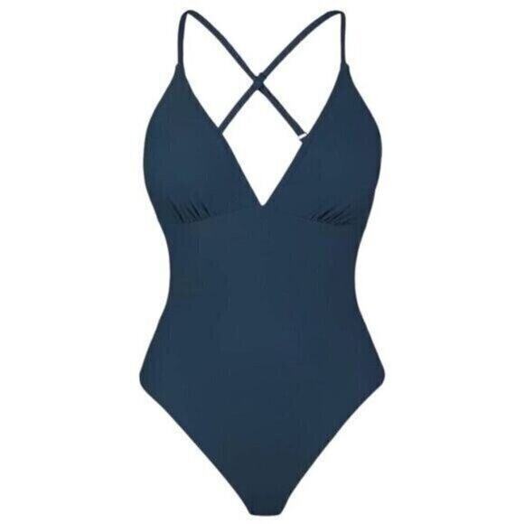 Cupshe Women One-Piece Swimsuit Medium Blue V-Neck Cutout Crossback Strappy - Picture 6 of 10